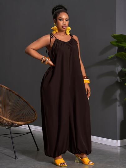 Veslaya Jumpsuit Panjang Wanita Gaya Boho untuk Tamu Pernikahan, Jumpsuit Kaki Lebar Wanita, Celana Longgar Warna Polos Wanita, Jumpsuit Pesta Tanpa Lengan Musim Panas Warna Cokelat Tua