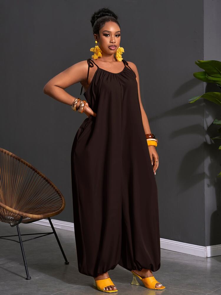 Veslaya Wedding Guest Boho Style Women Long Jumpsuit, Women Wide Leg Jumpsuit, Women Loose Solid Color Pants, Summer Sleeveless Party Jumpsuit Chocolate Brown - Brown - View 14