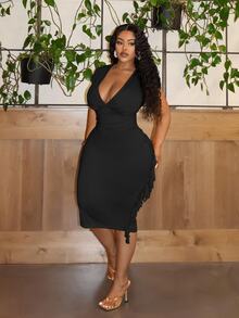 Veslaya Plus Size Black,Autumn,Elegant,Concert,Night Out Club Party Dress For Women,Slim Fit Deep V-Neck Fringed Short Sleeve Mid-Length Graduation Dress - Black - View 3