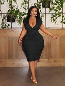 Veslaya Plus Size Black,Autumn,Elegant,Concert,Night Out Club Party Dress For Women,Slim Fit Deep V-Neck Fringed Short Sleeve Mid-Length Graduation Dress - Black - View 6