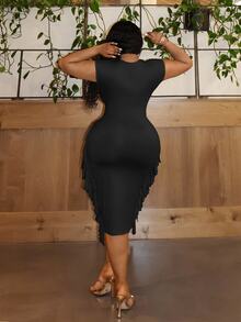 Veslaya Plus Size Black,Autumn,Elegant,Concert,Night Out Club Party Dress For Women,Slim Fit Deep V-Neck Fringed Short Sleeve Mid-Length Graduation Dress - Black - View 2