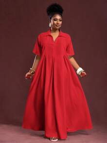 Veslaya Spring/Summer New Arrival Vacation & Commute & Casual White Loose Short Sleeve V-Neck Pleated A-Line Maxi Shirt Dress For Plus Size Women - Red - View 4