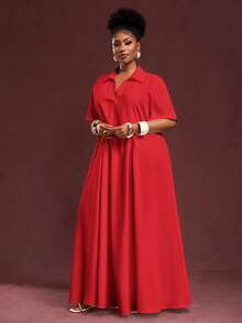Veslaya Spring/Summer New Arrival Vacation & Commute & Casual White Loose Short Sleeve V-Neck Pleated A-Line Maxi Shirt Dress For Plus Size Women - Red - View 9