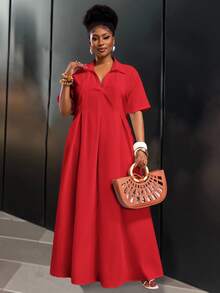 Veslaya Spring/Summer New Arrival Vacation & Commute & Casual White Loose Short Sleeve V-Neck Pleated A-Line Maxi Shirt Dress For Plus Size Women - Red - View 3
