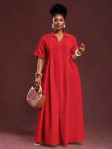 Veslaya Spring/Summer New Arrival Vacation & Commute & Casual White Loose Short Sleeve V-Neck Pleated A-Line Maxi Shirt Dress For Plus Size Women - Red - View 8