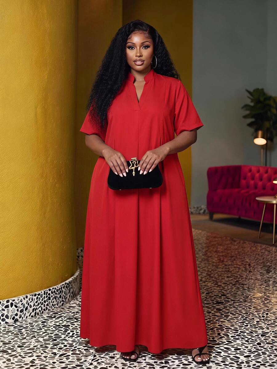 Veslaya Spring/Summer New Arrival Vacation & Commute & Casual White Loose Short Sleeve V-Neck Pleated A-Line Maxi Shirt Dress For Plus Size Women - Red - View 1