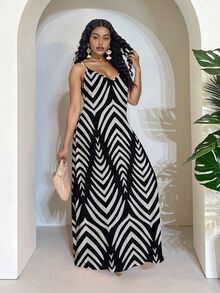 Veslaya Plus Size Leaf & Floral Print Simple Vacation Dress,Sun Dresses For Women Suitable For Going Out Chic Dress - Black and White - View 3