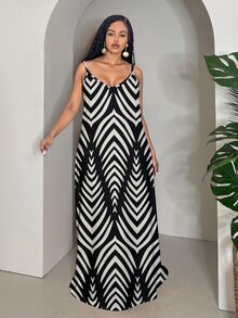 Veslaya Plus Size Leaf & Floral Print Simple Vacation Dress,Sun Dresses For Women Suitable For Going Out Chic Dress - Black and White - View 4