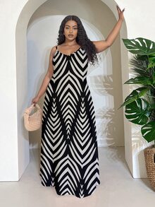 Veslaya Plus Size Leaf & Floral Print Simple Vacation Dress,Sun Dresses For Women Suitable For Going Out Chic Dress - Black and White - View 5