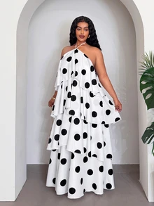 Veslaya Elegant Black And White Polka Dot Summer Dress For Women,Sleeveless Halter Neck Multi-Layered Ruffled Tiered Maxi Dress,Holiday Chiffon Plus Size - Black and White - View 6