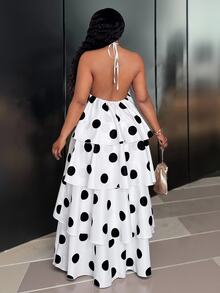 Veslaya Elegant Black And White Polka Dot Summer Dress For Women,Sleeveless Halter Neck Multi-Layered Ruffled Tiered Maxi Dress,Holiday Chiffon Plus Size - Black and White - View 2