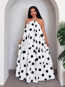 Veslaya Elegant Black And White Polka Dot Summer Dress For Women,Sleeveless Halter Neck Multi-Layered Ruffled Tiered Maxi Dress,Holiday Chiffon Plus Size - Black and White - View 4