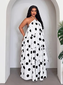 Veslaya Elegant Black And White Polka Dot Summer Dress For Women,Sleeveless Halter Neck Multi-Layered Ruffled Tiered Maxi Dress,Holiday Chiffon Plus Size - Black and White - View 7