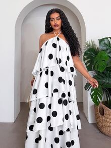 Veslaya Elegant Black And White Polka Dot Summer Dress For Women,Sleeveless Halter Neck Multi-Layered Ruffled Tiered Maxi Dress,Holiday Chiffon Plus Size - Black and White - View 8