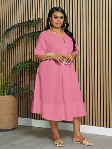 Veslaya 大码优雅通勤度假日常宽松纯白色短袖V领A字及膝连衣裙，适合春夏穿着 - 粉色 - 查看 4