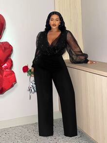 Veslaya Slayr Plus Size Sexy Shiny Mesh V-Neck Jumpsuit, Date Night Outfit, Valentine's Day Dress Fall - Black - View 5