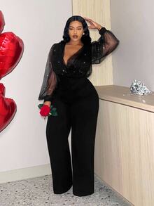 Veslaya Slayr Plus Size Sexy Shiny Mesh V-Neck Jumpsuit, Date Night Outfit, Valentine's Day Dress Fall - Black - View 6