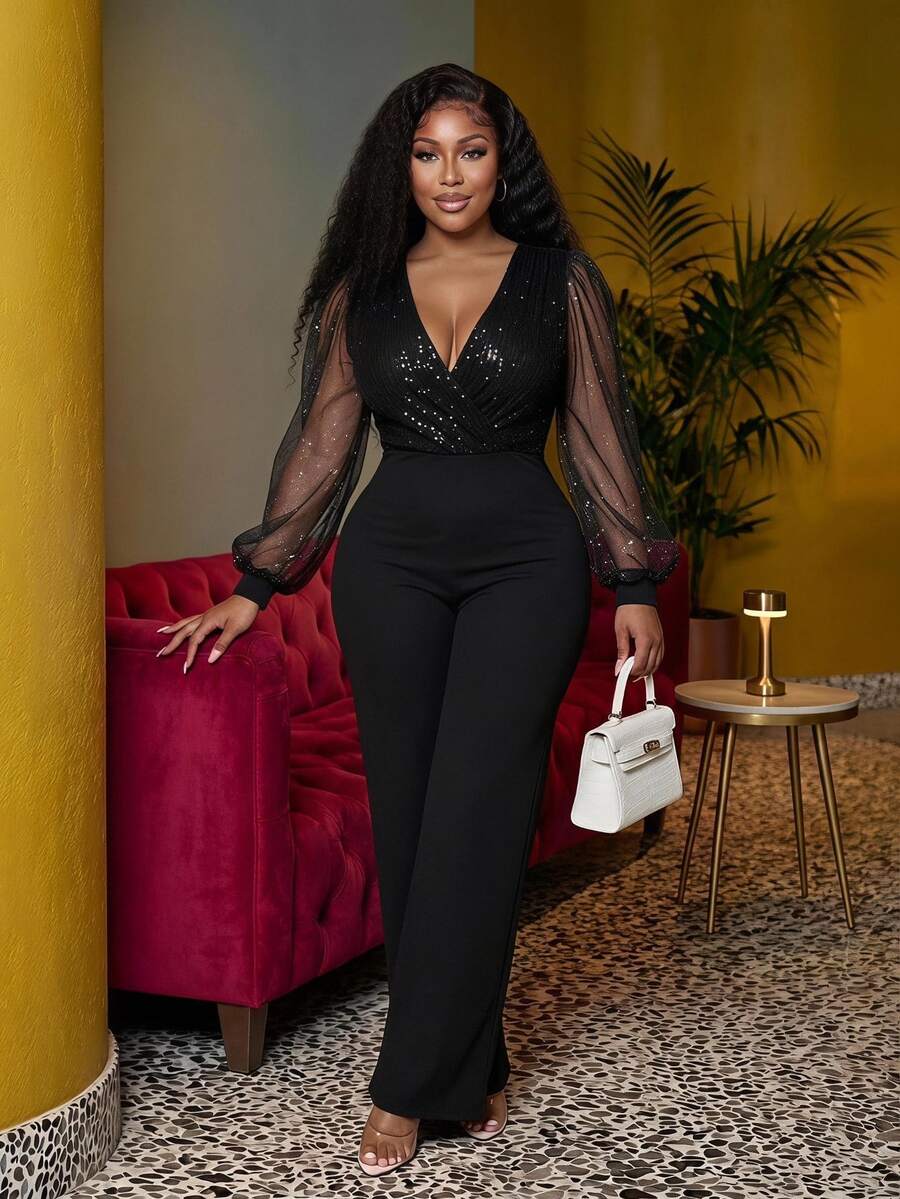 Veslaya Slayr Plus Size Sexy Shiny Mesh V-Neck Jumpsuit, Date Night Outfit, Valentine's Day Dress Fall