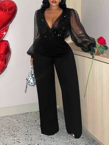 Veslaya Slayr Plus Size Sexy Shiny Mesh V-Neck Jumpsuit, Date Night Outfit, Valentine's Day Dress Fall - Black - View 7