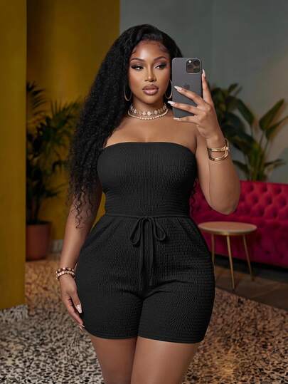 Veslaya Black Plus Size Tube Top Romper For Women, Summer Smart Casual Baggy Beach Formal Vacation Jumpsuit, Sleeveless Strapless Open Shoulder Linen Rompers