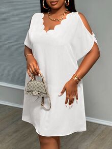 Veslaya Plus Size Dress With Hollow Sleeves And Scallop Edge Collar - White - View 3