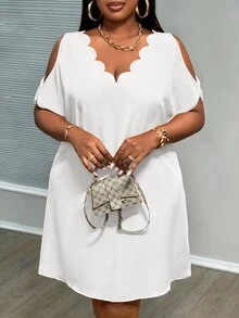 Veslaya Plus Size Dress With Hollow Sleeves And Scallop Edge Collar - White - View 4