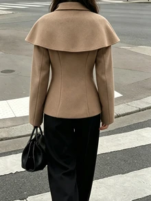 SHEIN PariChic Mantel Panjang Wanita Warna Polos Desain Jubah Lengan Panjang Kancing Tunggal untuk Kantor Warna Cokelat Muda Musim Gugur Elegan - Khaki - View 2