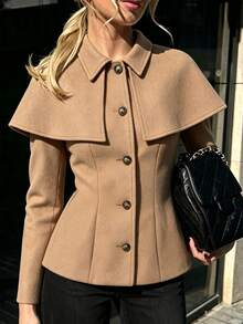 SHEIN PariChic Mantel Panjang Wanita Warna Polos Desain Jubah Lengan Panjang Kancing Tunggal untuk Kantor Warna Cokelat Muda Musim Gugur Elegan - Khaki - View 5