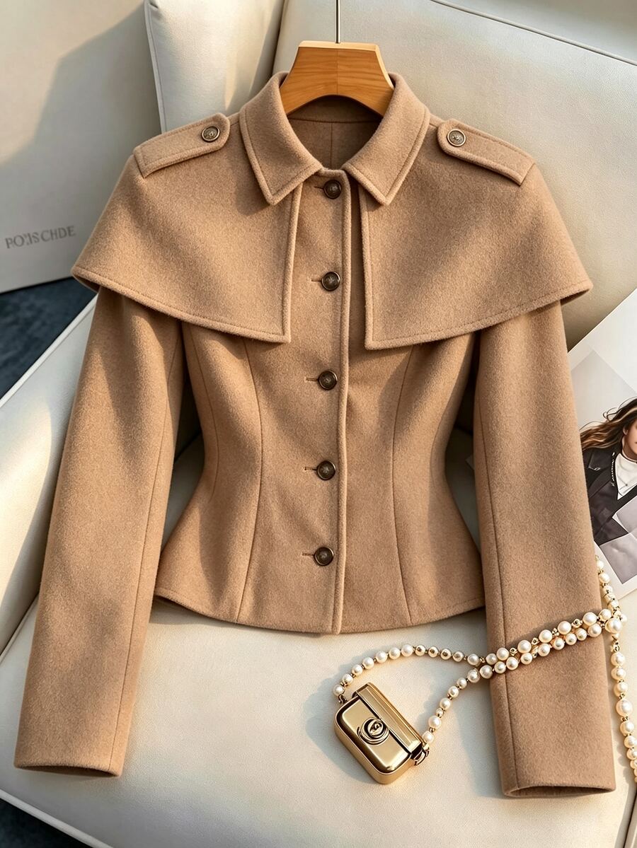 SHEIN PariChic Mantel Panjang Wanita Warna Polos Desain Jubah Lengan Panjang Kancing Tunggal untuk Kantor Warna Cokelat Muda Musim Gugur Elegan - Khaki - View 1