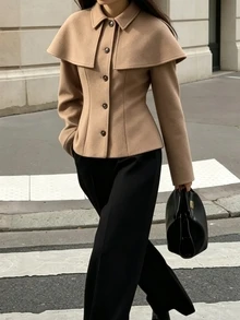 SHEIN PariChic Mantel Panjang Wanita Warna Polos Desain Jubah Lengan Panjang Kancing Tunggal untuk Kantor Warna Cokelat Muda Musim Gugur Elegan - Khaki - View 3