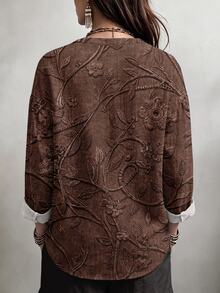 Linhara CURVE 大尺碼女款復古刺繡花卉印花缺口V領長袖襯衫，休閒寬鬆咖啡棕色上衣，適合辦公室、度假、海灘穿著 - 彩色 - 查看 2