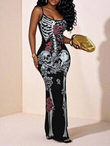 Slaydiva Plus Size Skeleton Rose Print Casual Dress, Suitable For Halloween Party, Autumn/Winter - Multicolor - View 3
