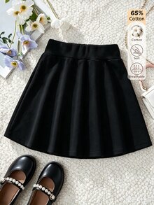 SHEIN Teen Girls Autumn/Winter Solid Black High Waist A-Line Flared Skirt Shorts, Casual Versatile Mini Skirt - Black - View 4
