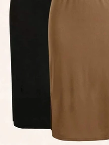 SHEIN LUNE 2pcs Black + Casual Solid Color Pencil Midi Skirt - Multicolor - View 3