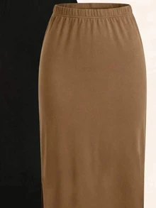 SHEIN LUNE 2pcs Black + Casual Solid Color Pencil Midi Skirt - Multicolor - View 4