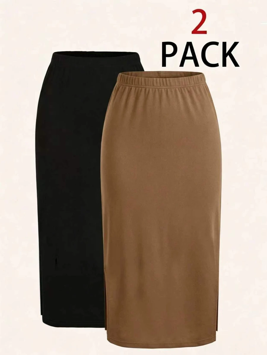 SHEIN LUNE 2pcs Black + Casual Solid Color Pencil Midi Skirt - Multicolor - View 1