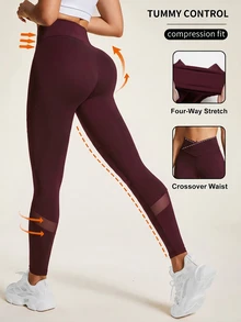 Easithlete Legging Ketat Olahraga Kasual Serbaguna untuk Wanita dengan Motif Jala dan Patchwork, Cocok untuk Pemakaian Sehari-hari - Burgundy - View 2