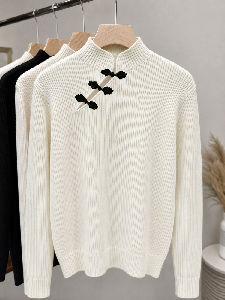 SHEIN Franclia Women's Casual Autumn/Winter Solid Color New Chinese Style Button & Frog Closure Knit Long Sleeve Pullover - White - View 5