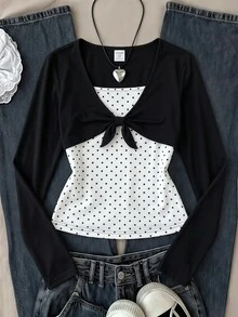 SHEIN Sparklyn 1件青少年女孩V領長袖修身T恤，簡約純色休閒上衣，適合秋季 - 黑色 - 查看 3