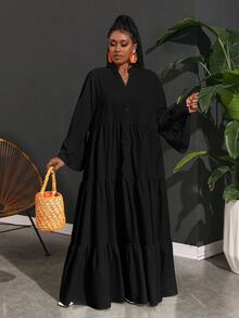 Veslaya Plus Size Vacation Casual Loose A-Line Chiffon Shirt Dress For Women Fall - Black - View 3