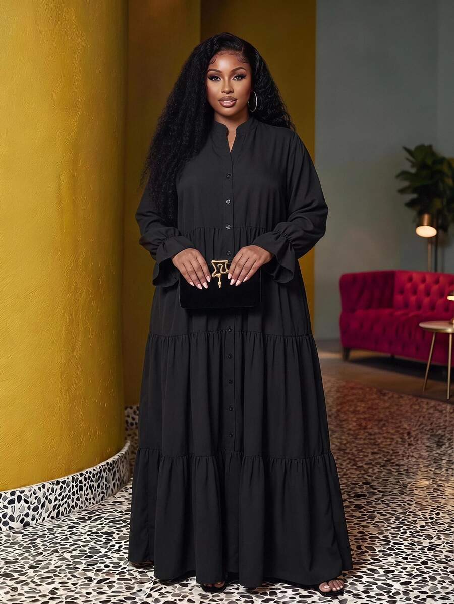 Veslaya Plus Size Vacation Casual Loose A-Line Chiffon Shirt Dress For Women Fall - Black - View 1