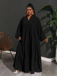 Veslaya Plus Size Vacation Casual Loose A-Line Chiffon Shirt Dress For Women Fall - Black - View 5