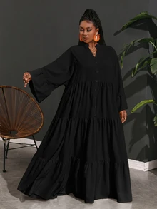 Veslaya Plus Size Vacation Casual Loose A-Line Chiffon Shirt Dress For Women Fall - Black - View 4
