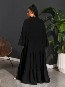 Veslaya Plus Size Vacation Casual Loose A-Line Chiffon Shirt Dress For Women Fall - Black - View 2