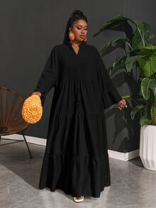 Veslaya Plus Size Vacation Casual Loose A-Line Chiffon Shirt Dress For Women Fall - Black - View 6