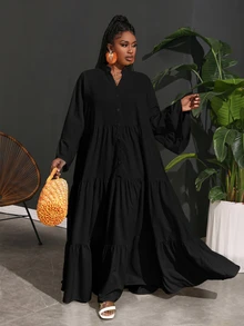 Veslaya Plus Size Vacation Casual Loose A-Line Chiffon Shirt Dress For Women Fall - Black - View 7