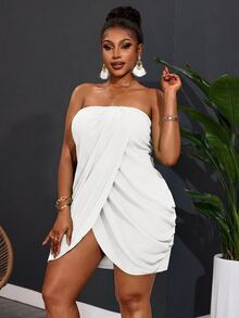 Veslaya Plus Size Women's All White Textured Strapless Bodycon Mini Dress, Suitable For Vacation, Sexy Elegant, Beach Date Night Formal, Party Summer - White - View 4