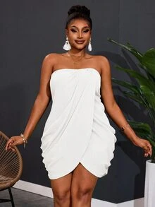 Veslaya Plus Size Women's All White Textured Strapless Bodycon Mini Dress, Suitable For Vacation, Sexy Elegant, Beach Date Night Formal, Party Summer - White - View 5