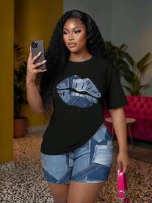 Veslaya 2pcs Plus Size Casual Minimal Lip Print Set, Suitable For Summer,2 Pieces Summer Outfit - Multicolor - View 1