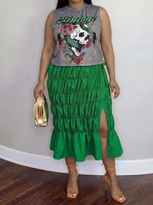 Veslaya 大尺碼女款字母花卉印花上衣與開衩設計裙子休閒日常兩件套 - 綠色 - 查看 3